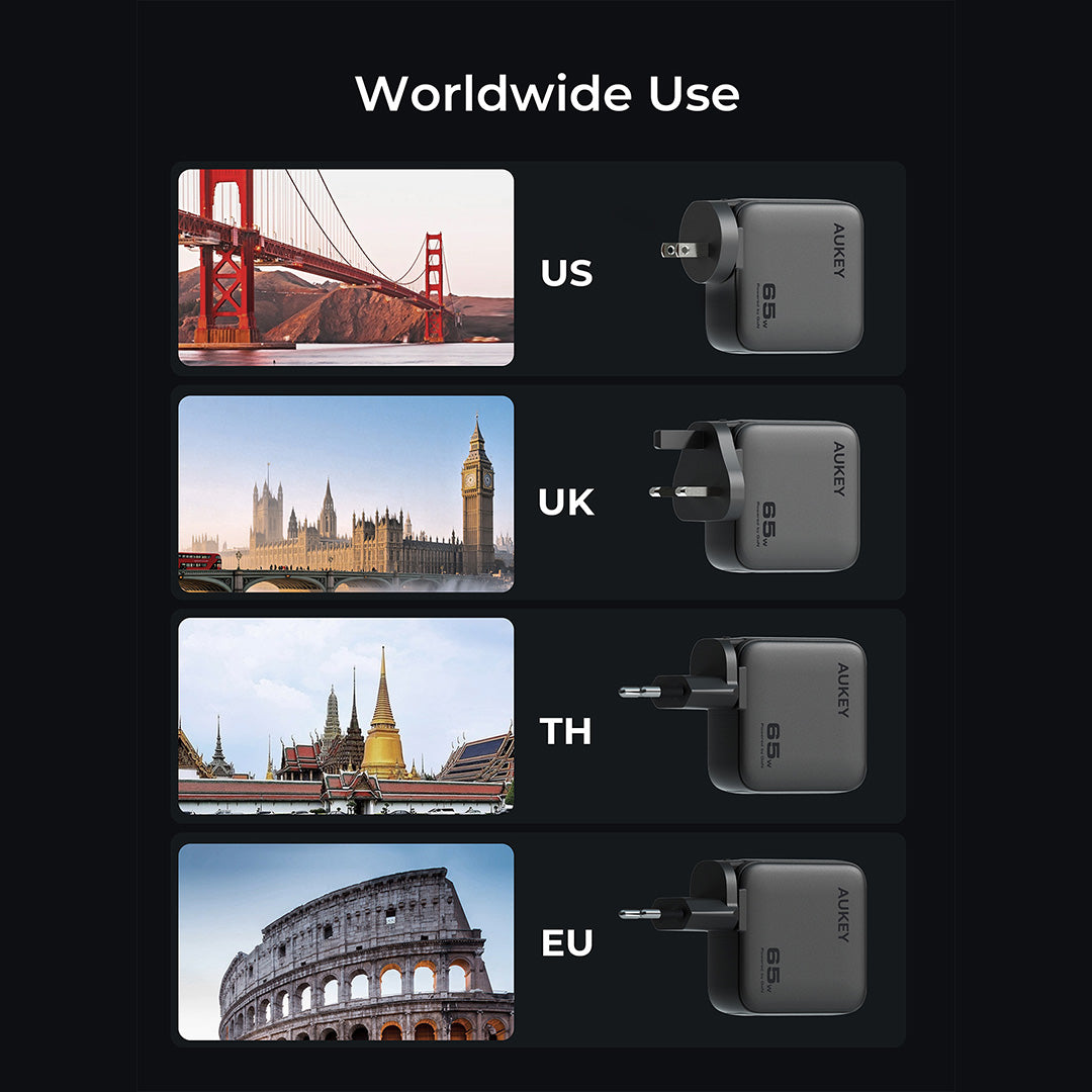 Aukey PA-B8U Nova PinS 65W GaN Wall Charger Smart Display EU UK US TH Interchangeable Plugs