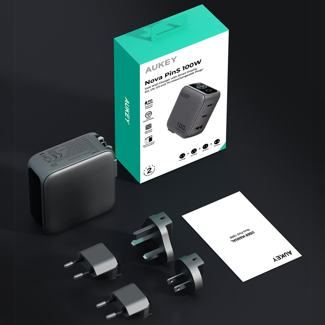 PA-B9U Nova PinS 100W GaN Wall Charger Smart Display EU UK US TH Interchangeable Plugs