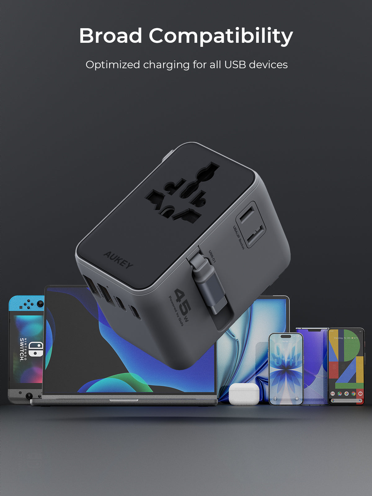 PA-TA13 45W Globe Reel 4-Port GaN Universal Fast Charging Travel Adapter w Retractable Type C Cable