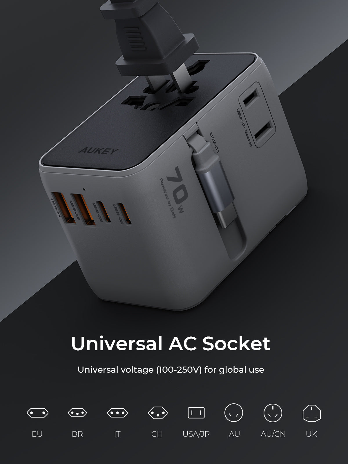 PA-TA14 70W Globe Reel 4-Port GaN Universal Fast Charging Travel Adapter w Retractable Type C Cable
