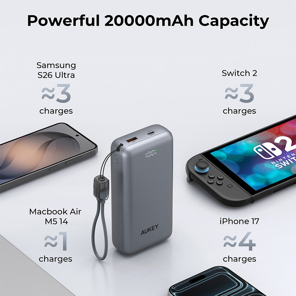 PB-Y94 Swivel Det PD 65W 20k mAh Fast Charging Power Bank with Detachable Cable - CCC Certification