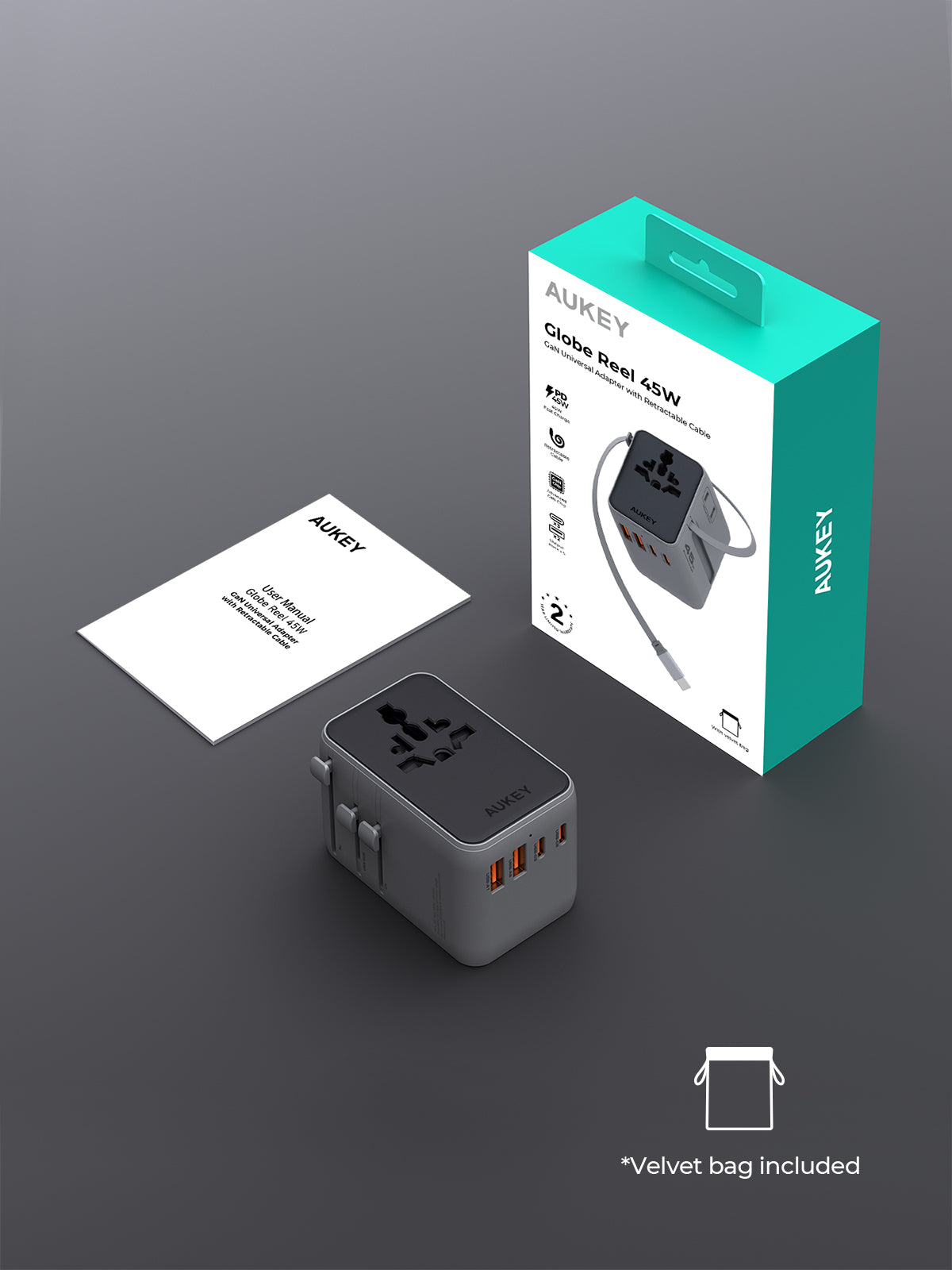 PA-TA13 45W Globe Reel 4-Port GaN Universal Fast Charging Travel Adapter w Retractable Type C Cable