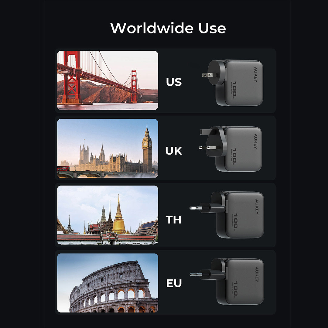 Aukey PA-B9U Nova PinS 100W GaN Wall Charger Smart Display EU UK US TH Interchangeable Plugs