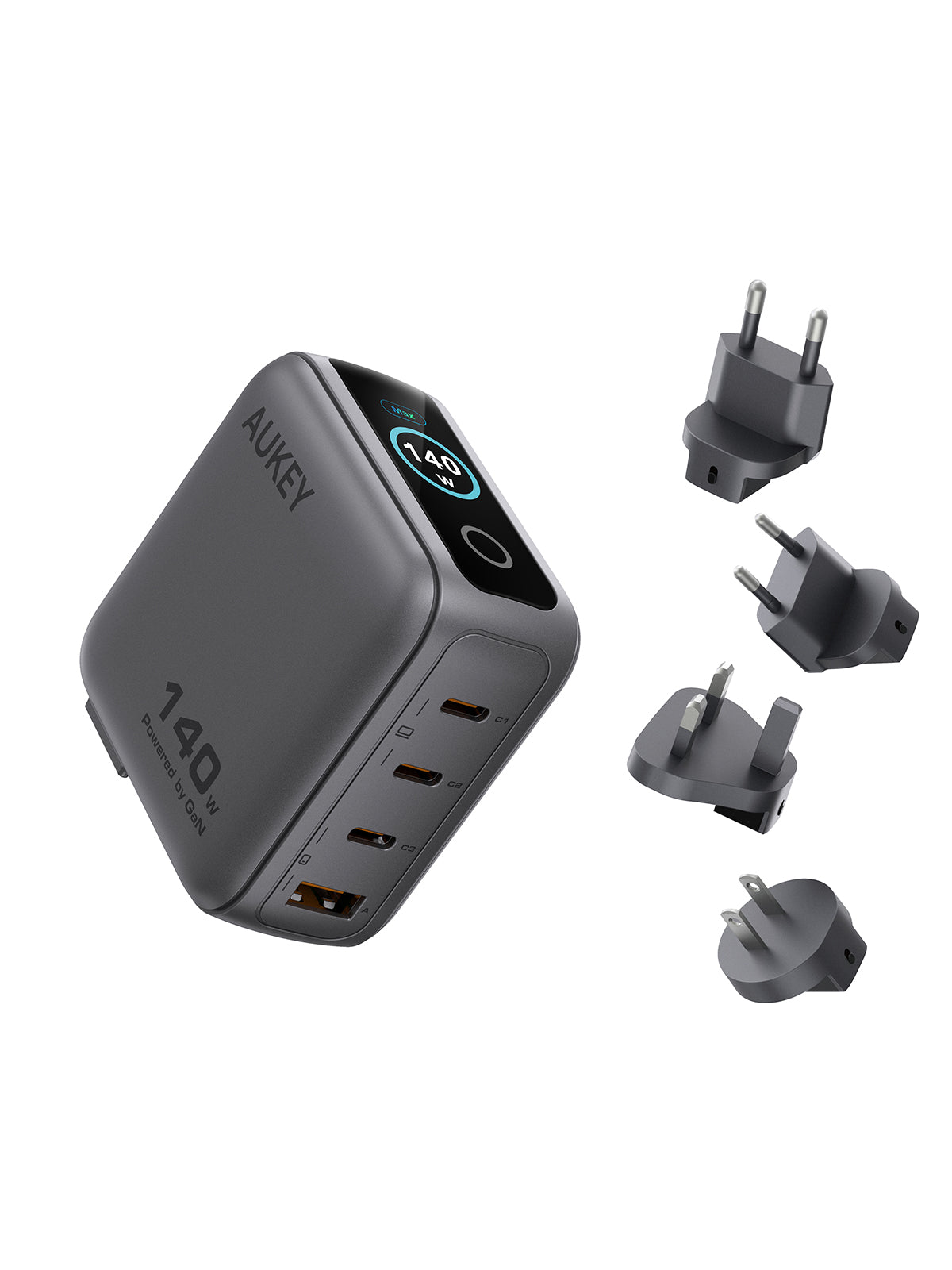 Aukey PA-B10U 140W GaN Wall Charger Smart Display EU UK US TH Interchangeable Plugs