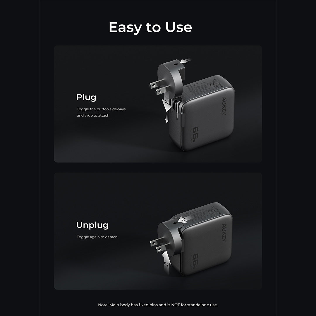 Aukey PA-B8U Nova PinS 65W GaN Wall Charger Smart Display EU UK US TH Interchangeable Plugs