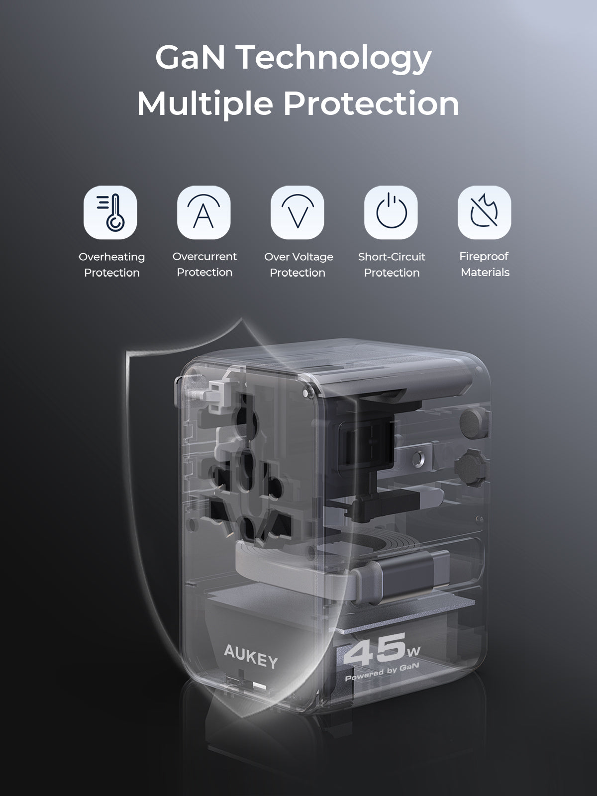PA-TA13 45W Globe Reel 4-Port GaN Universal Fast Charging Travel Adapter w Retractable Type C Cable