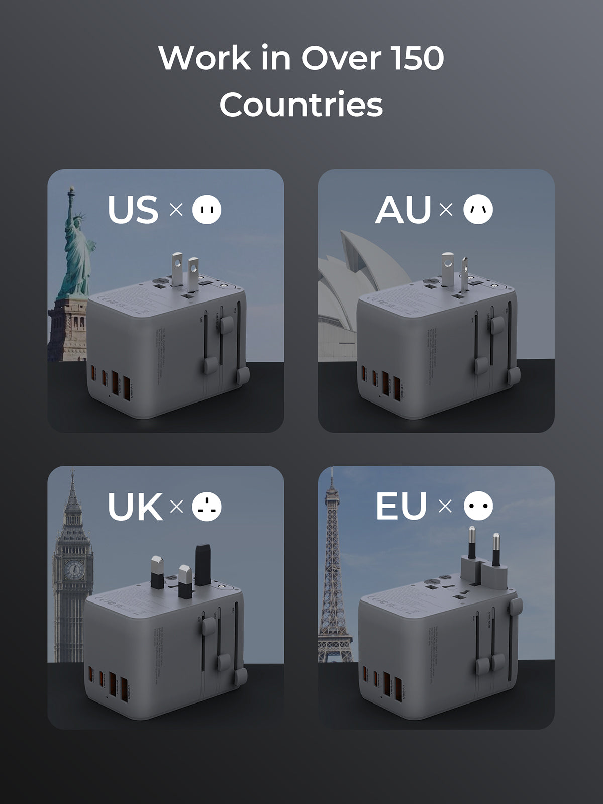 PA-TA13 45W Globe Reel 4-Port GaN Universal Fast Charging Travel Adapter w Retractable Type C Cable
