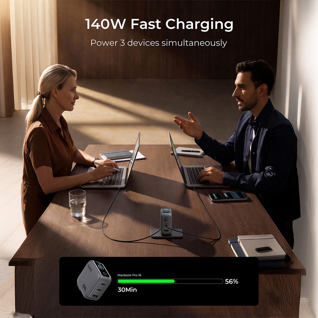 Aukey PA-B10U 140W GaN Wall Charger Smart Display EU UK US TH Interchangeable Plugs
