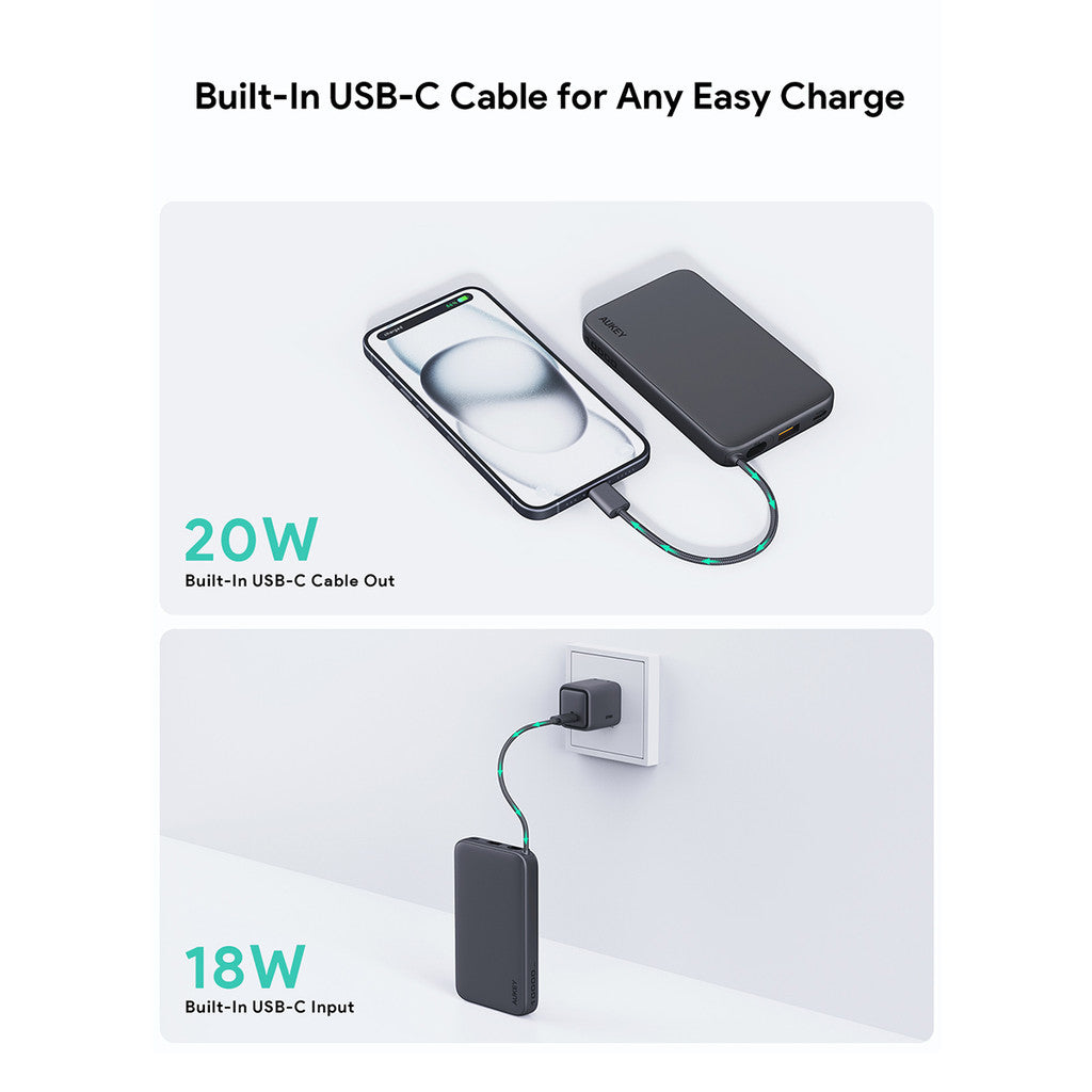 PB-Y53P 20W 10000mAh Slim Power Bank with Built-in USB C Cable