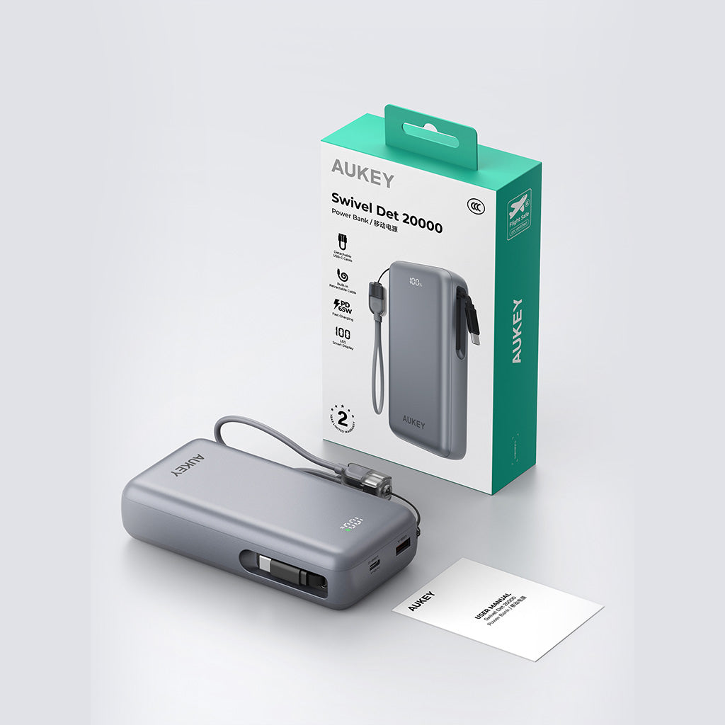 PB-Y94 Swivel Det PD 65W 20k mAh Fast Charging Power Bank with Detachable Cable - CCC Certification